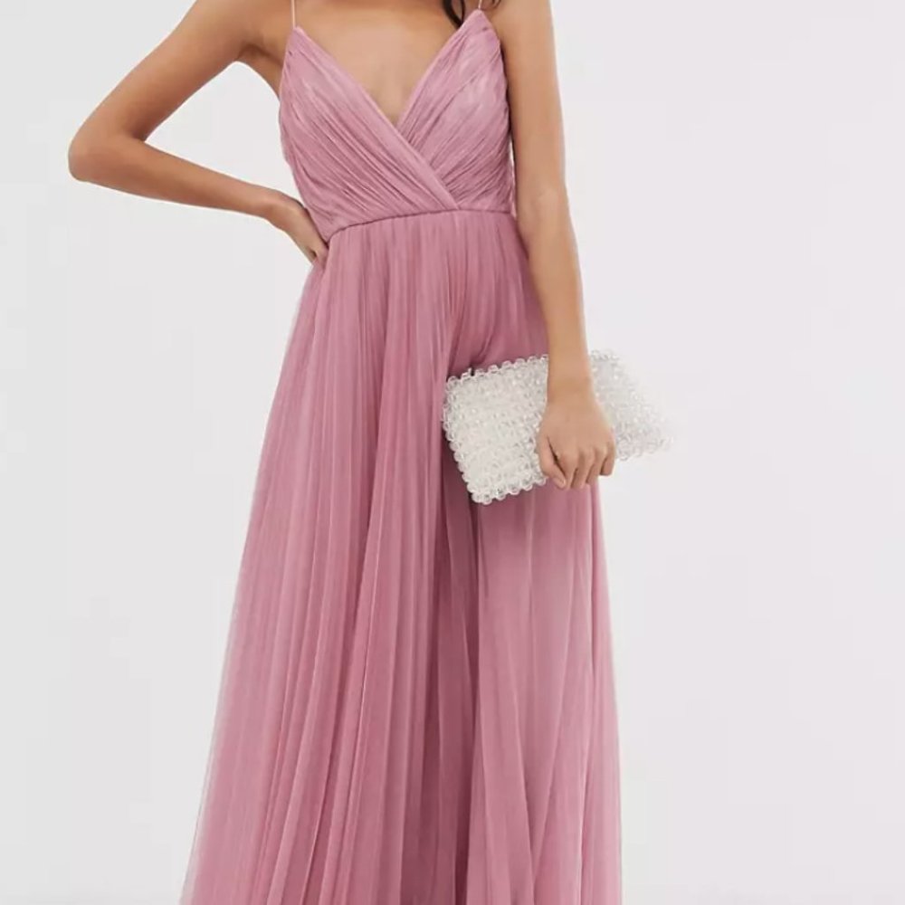 ASOS DESIGN cami pleated tulle maxi dress in rose